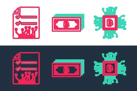 Set line Processor, Smart contract and Cryptocurrency bitcoin icon. Vector Stock Illustration
