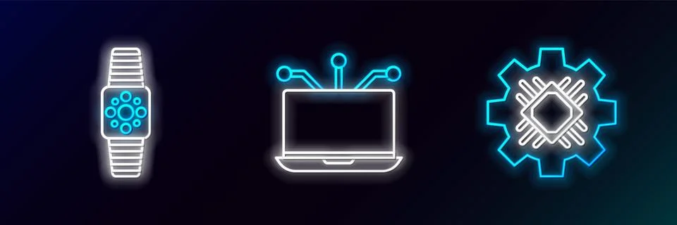Set line Processor, Smartwatch and Laptop icon. Glowing neon. Vector Stock Illustration