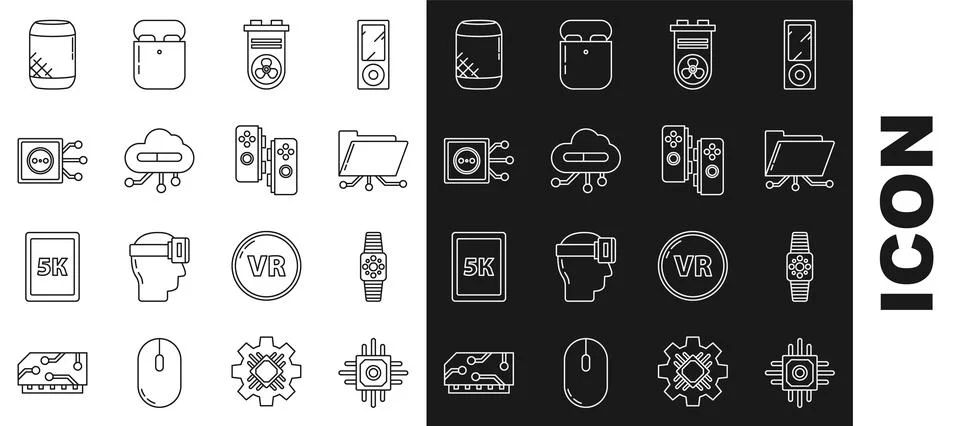 Set line Processor, Smartwatch, Folder and lock, Video graphic card, Intern.. Illustrazione stock