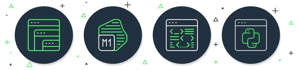 Set line Processor, Software,  and Python programming language icon. Vector Illustration