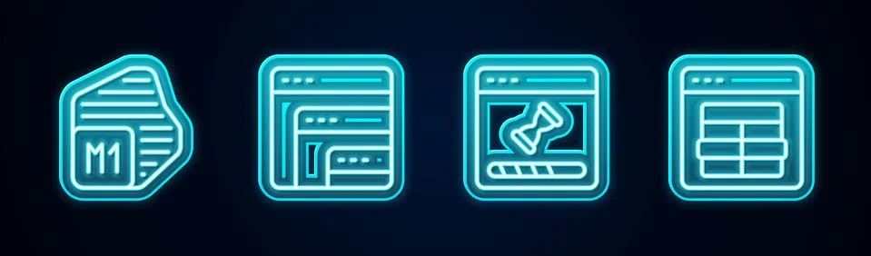 Set line Processor, Software, Loading data window and MySQL code. Glowing neon Stock Illustration