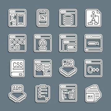 Set line Processor, Software, Search engine, Server, Data, Web Hosting, Create Stock Illustration