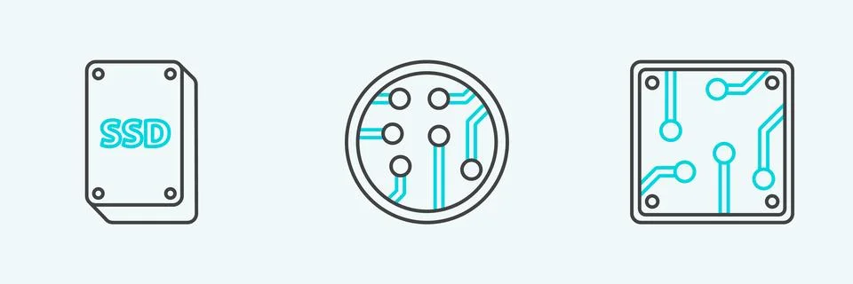 Set line Processor, SSD card and icon. Vector Illustrazione stock