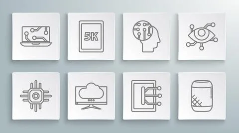 Set line Processor, Tablet with text 5k, Computer monitor screen, Voice Stock Illustration