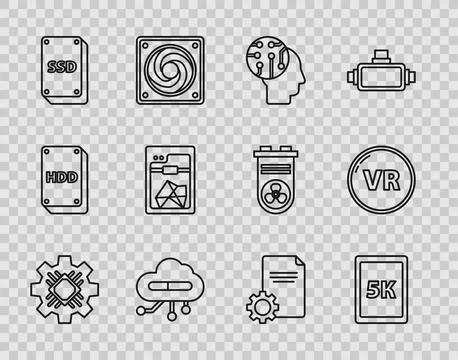 Set line Processor, Tablet with text 5k, Human brain as digital circuit board Illustrazione stock