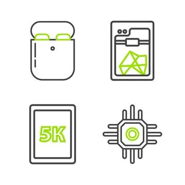 Set line Processor, Tablet with text 5k, 3D printer and Air headphones box .. Stock Illustration