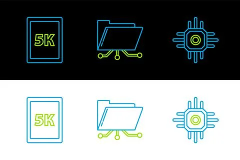 Set line Processor, Tablet with text 5k and Folder and lock icon. Vector Stock Illustration