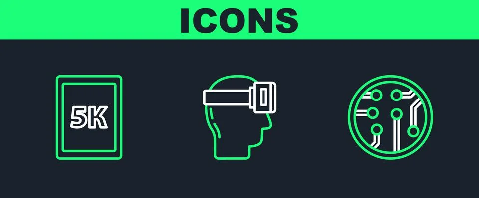 Set line Processor, Tablet with text 5k and Virtual reality glasses icon. V.. Stock-Illustration