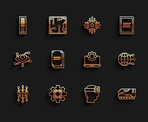 Set line Processor, Video game console, Virtual reality glasses, RAM, random Illustrazione stock