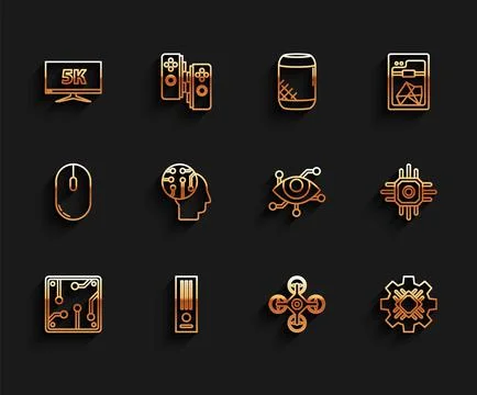 Set line Processor, Video game console, Monitor display with 5k video, Drone Stock Illustration
