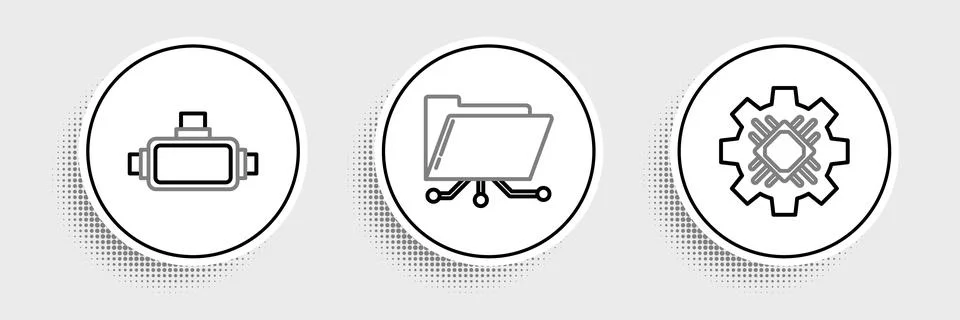 Set line Processor, Virtual reality glasses and Folder and lock icon. Vector 스톡 일러스트