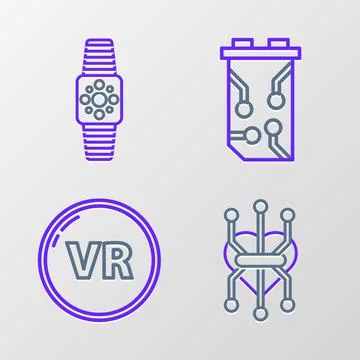 Set line Processor, Virtual reality, Video graphic card and Smartwatch icon.. Stock Illustration