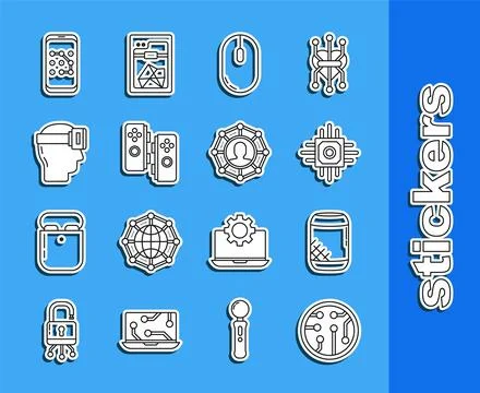 Set line Processor, Voice assistant, Computer mouse, Gamepad, Virtual reality 스톡 일러스트