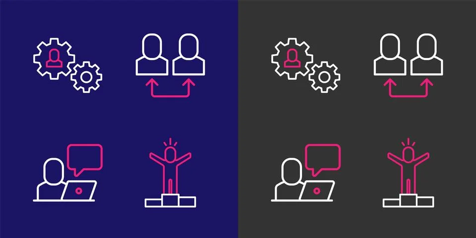 Set line Productive human, Freelancer, Exchange work and Human with gear ic.. Illustrazione stock