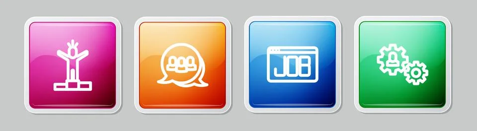 Set line Productive human, Project team base, Search job and Human with gear Illustrazione stock