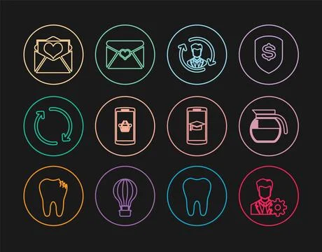 Set line Profile settings, Coffee pot, Human resources, Shopping basket on .. Ilustración de archivo