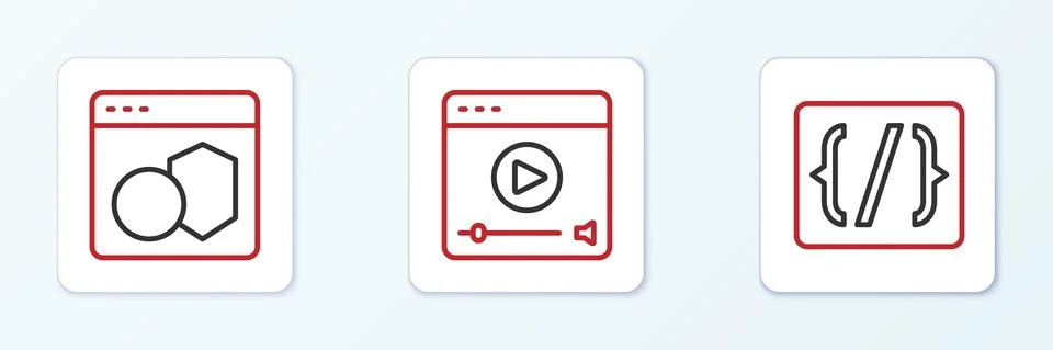 Set line Programming language syntax, Software and Online play video icon Illustration