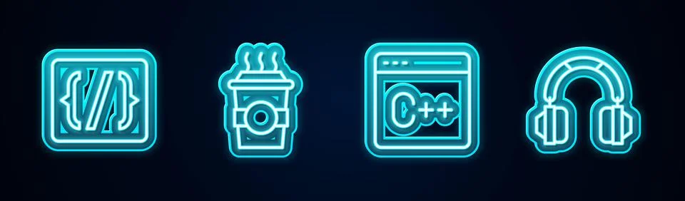 Set line Programming language syntax, Coffee cup to go, Software and Headphon 库存插图