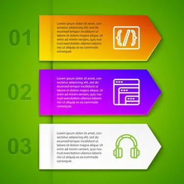 Set line Programming language syntax, Software and Headphones. Business 스톡 일러스트