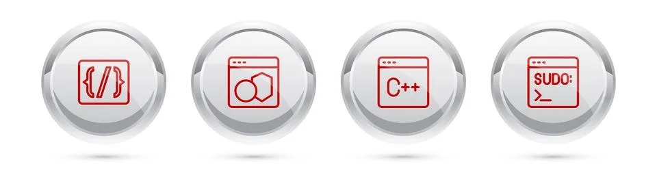 Set line Programming language syntax, Software, and Code terminal. Silver circle Stock Illustration