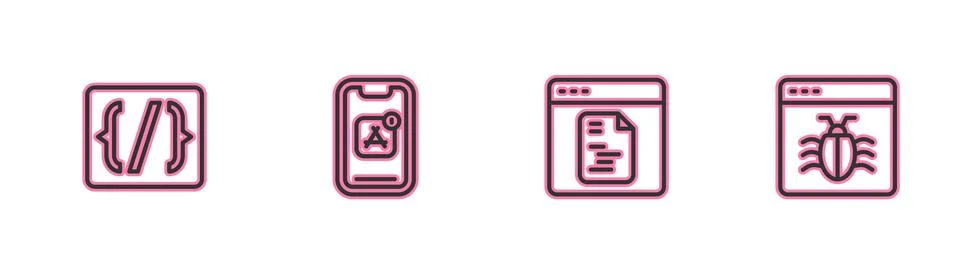 Set line Programming language syntax, Software, Mobile Apps and System bug icon Stock Illustration