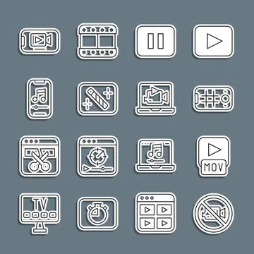 Set line Prohibition no video recording, MOV file, Selfie mobile, Pause button Stock Illustration