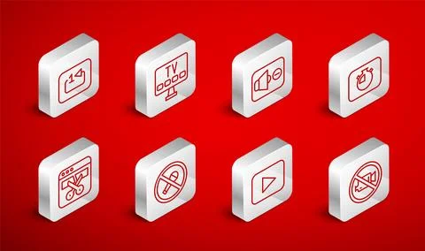 Set line Prohibition no video recording, Smart Tv, Speaker mute, Stopwatch, Play Stock Illustration