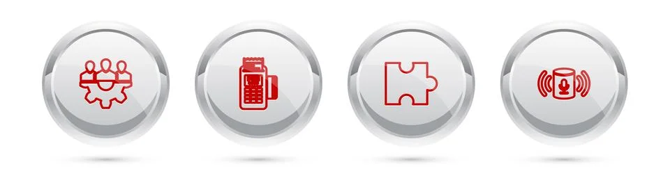 Set line Project team base, POS terminal, Piece of puzzle and Voice assistant Stock Illustration