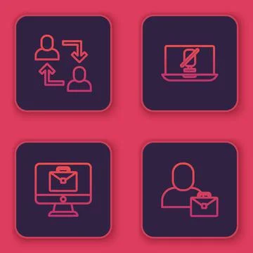 Set line Project team base, Online working, Mute microphone on laptop and Stock Illustration