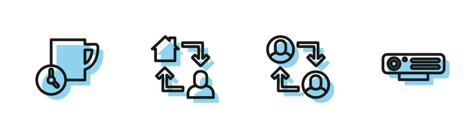 Set line Project team base, Time management, Online working and Web camera icon 스톡 일러스트