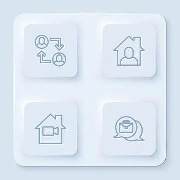 Set line Project team base, Online working, Video camera Off home and . White Illustrazione stock