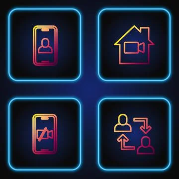 Set line Project team base, Video camera Off on mobile, chat conference and in Illustrazione stock