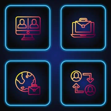 Set line Project team base, Online working, Video chat conference and . Gradient Stock Illustration