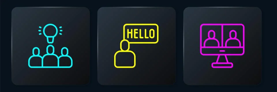 Set line Project team base, Video chat conference and Acquaintance. Black square Stock Illustration