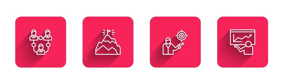 Set line Project team base, Mountains with flag, Marketing target strategy and Stock Illustration