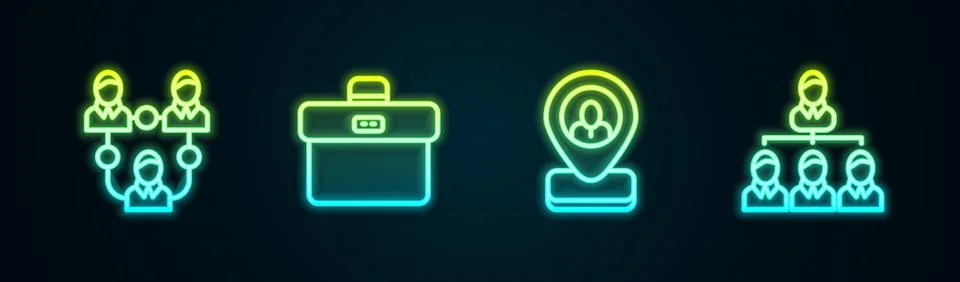 Set line Project team base, Briefcase, Worker location and Hierarchy organogram Stock Illustration