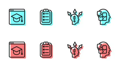 Set line Project team base, Online education, To do list or planning and Head Illustrazione stock