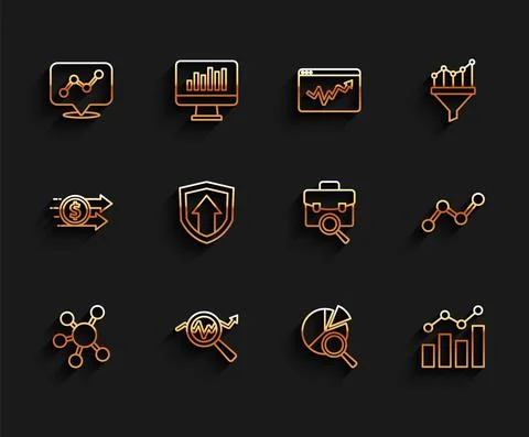 Set line Project team base, Search data analysis, Graph chart infographic Stock Illustration