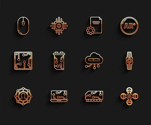 Set line Project team base, Laptop, Computer mouse, RAM, random access memory Illustrazione stock