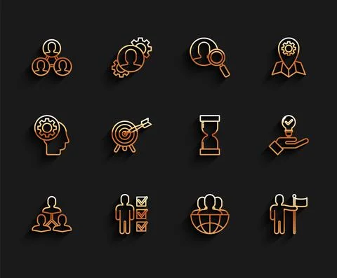 Set line Project team base, User of man in business suit, Globe and people, Man Ilustração Stock