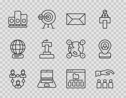 Set line Project team base, Boss with employee, Envelope, Laptop, Ranking star Stockillustratie
