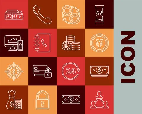 Set line Project team base, Gear and arrows workflow process concept, Address Stock Illustration