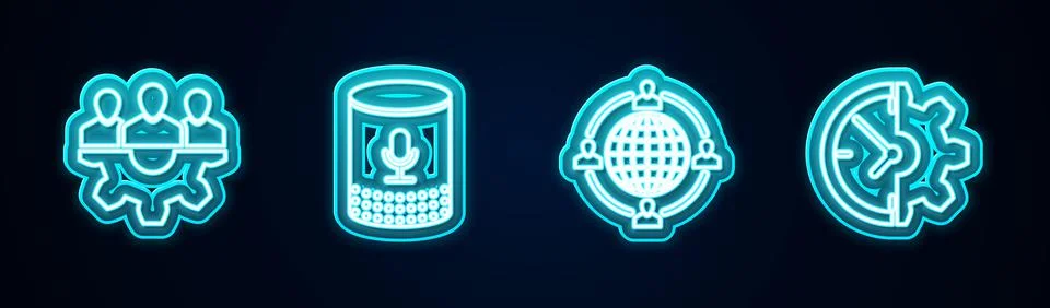 Set line Project team base, Voice assistant, Outsourcing concept and Clock and Stock Illustration