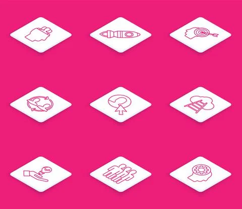 Set line Project team base, Rocket ship with fire, Head hunting concept, Human Stock Illustration