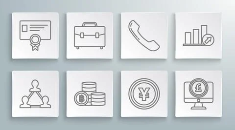 Set line Project team base, Computer monitor pound sterling, Telephone handset Stock Illustration