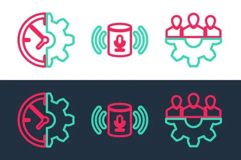 Set line Project team base, Clock and gear and Voice assistant icon. Vector Stock Illustration