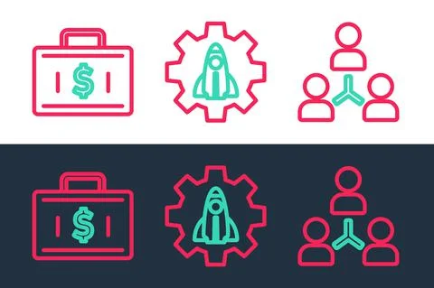 Set line Project team base, Briefcase and money and Startup project concept icon Stock Illustration