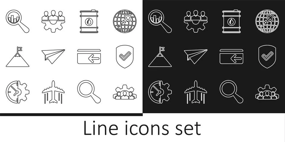 Set line Project team base, Shield with check mark, Barrel oil, Paper plane Stock Illustration