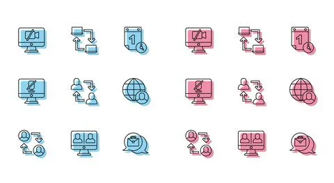 Set line Project team base, Video chat conference, camera Off computer, Online Stock Illustration