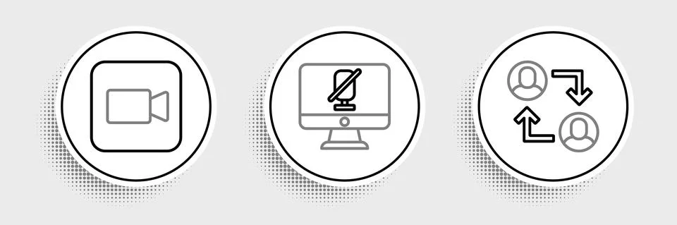 Set line Project team base, Camera and Mute microphone on computer icon. Vector Stock Illustration